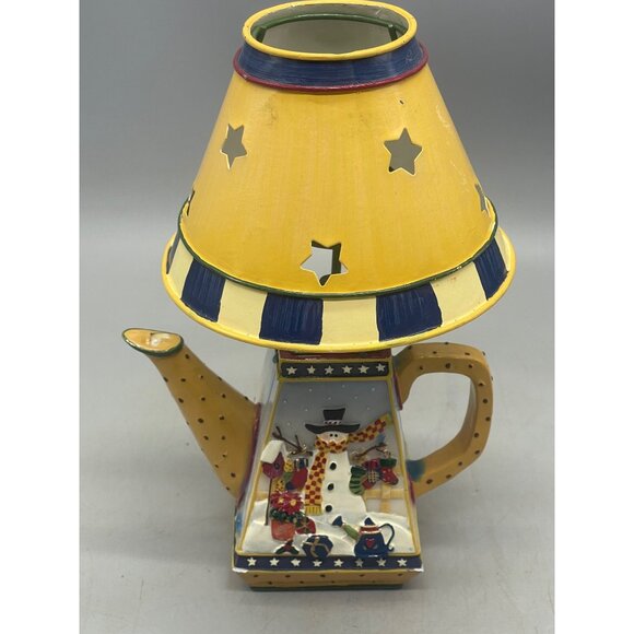 Christmas holiday teapot tealight candle holder snowman stars movable shade READ - Picture 5 of 12
